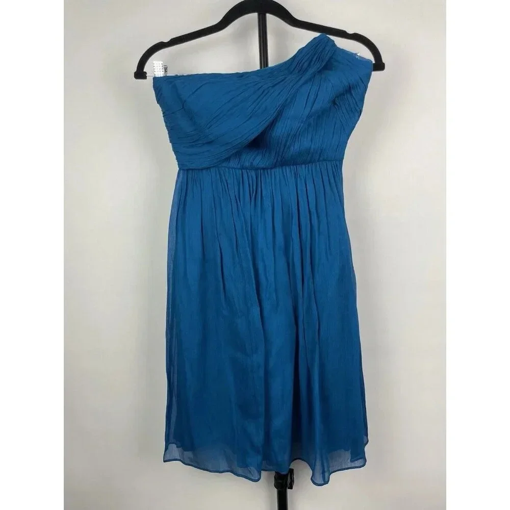 J. Crew Blue 100% Silk Crinkle Chiffon Flowy Strapless Mini Dress Size 0P
